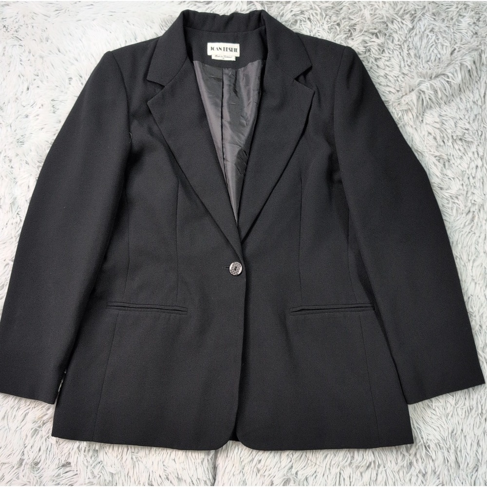 Vintage Joan Leslie Jacket Womens 10 Black Blazer Button Up Preppy Faux Pockets